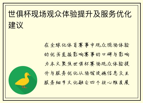 世俱杯现场观众体验提升及服务优化建议